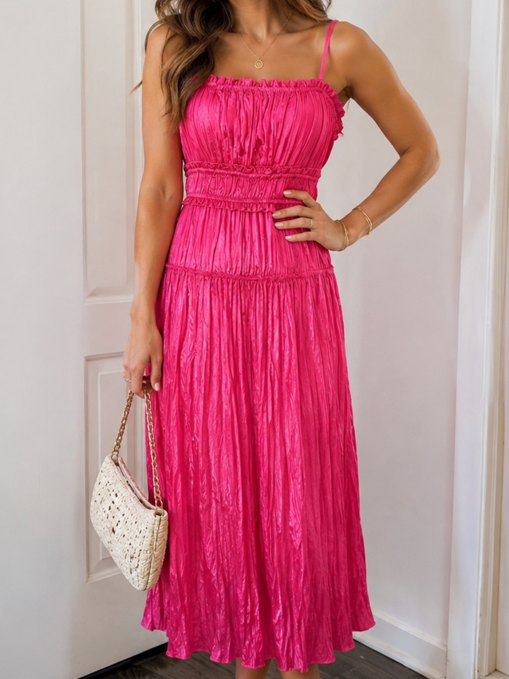 J. Crew Hot Pink Ruched Midi Dress